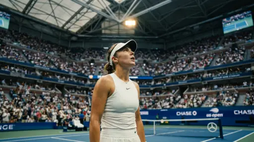 Female tennis player standing on US Open blue hard court looking upward after a point, natural athletic posture of relief or focus, white Nike tennis kit, Arthur Ashe Stadium's massive retractable roof structure and 23,000-seat crowd visible behind in bokeh, single overhead floodlight hitting her face and shoulders, heavy analogue film grain, naturally desaturated with blue court flash, cinematic documentary, no staging