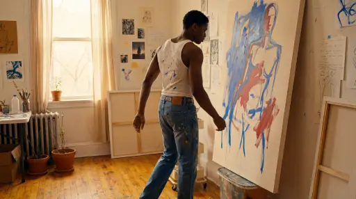 Cinematic medium-wide shot, 16:9, three-quarter rear view — the camera lower and slightly to the left rear, framing from ankle to just above the head. The painter stepping back from the canvas to evaluate his work — mid-stride backward, one foot lifted slightly, his body weight shifting back, his head turning slightly in near-profile as he looks at the painting with critical distance. THE EXACT SAME YOUNG BLACK MAN: early 20s, lean muscular build, short natural hair, pearl chain, tattoo visible on the upper arm. Arms hanging at his sides, paintbrush in the right hand pointing downward, a small drip of cobalt blue falling from the brush tip. THE JEAN HERO — FULL BACK VIEW IN MOTION: Levi's 501® light-medium wash — the full back of the jean revealed and heroized in the walking motion: the fabric moving naturally with the step, the leg crease alive with movement. THE LEATHER PATCH at center back waistband: honey-tan leather, completely legible at medium distance — "LEVI STRAUSS & CO. LOT 501" with the two-horse illustration — catching warm studio north-light with beautiful soft halation. THE RED TAB on the right back pocket seam: the bright red rectangle sharp and prominent in the mid-frame, the "LEVI'S" text in white visible — the most saturated color element in the entire warm amber-gold frame. The golden arcuate topstitching on both back pockets — the double-arc stitching in warm golden thread catching the flat diffused light beautifully. Copper rivets at the corners. The paint stains across the entire back of the jean: a wide cobalt blue brushstroke sweeping across the right back pocket and down the right thigh, yellow cadmium drops on the left pocket, a large dried crimson red smear on the lower right calf — every stain telling a different session of work. The ornate belt running through the loops, the decorative buckle at center back. The white paint-stained tank top: the back covered in paint — a chaotic map of every color that ever hit the canvas. White canvas sneakers mid-step, paint-stained soles. LOCATION: the same luminous art studio — the large canvas now filling the LEFT half of frame as the painter steps away from it: the abstract figurative painting with its bold blue and red gestures, the charcoal underdrawing. The warm honey-wood floor with paint stains at his feet, the floor perspective stretching back. The white walls with sketches and prints. A radiator under the north-facing window in the background, plants in terracotta pots. The warm diffused window light flooding flat from the left. PHOTOGRAPHIC STYLE: Super 16mm analog film still. Warm diffused flat north-light — completely even illumination, no harsh shadows. Warm amber-gold and ochre foundation throughout the frame. Deep warm brown skin tones beautifully rendered — the muscular back and arms in rich warm brown tones with gentle Portra highlight roll-off on the shoulders. The red tab: the single most saturated element — pure red catching flat daylight, just barely warm-shifted by the Portra grade, the small red rectangle glowing against the warm indigo denim. The leather patch in warm honey-tan. The studio walls in warm cream-white. The floor in warm honey-amber. Subtle olive-green contamination in the brightest window areas. Kodak Portra 400 + Vision3 5219 — warm midtones, soft highlight roll-off, no crushed blacks. Very heavy organic analog grain throughout, tactile film texture, slightly dirty film scan, authentic cinematic noise. Halation on the red tab, the leather patch, the wet brush tip dripping cobalt blue, the copper rivets. Nostalgic, raw, naturally imperfect. He steps back. The canvas waits. The jean carries every color he ever made.