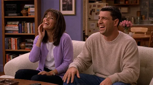 Cinematic film still, 1990s sitcom living room, a couple in their early thirties sitting side by side on a cream fabric sofa, sharing a big laugh together. Left: a woman with shoulder-length brown hair and straight bangs, lilac cardigan over a white T-shirt, head tipped back with joyful laughter, one hand near her cheek. Right: a man with flat combed brown hair, beige crew-neck sweater, laughing broadly with his mouth open, one hand patting his own knee in amusement. Lavender wall and oak bookshelf behind them, open kitchen visible in the background. Three-point multi-camera sitcom lighting, soft frontal key from high, generous fill, 3200K tungsten warmth, even exposure, no hard shadows. Palette 60% warm oak and cream, 30% lavender purple, 10% red and pink accents. Shot on 35mm broadcast film, fine grain, slightly soft, saturated telecine color, authentic 1994 network sitcom look.
Do not reproduce incidental presentation headers, view names, palette labels, captions, annotations, borders, grids, or layout from the reference images. Preserve writing from a reference only when this prompt explicitly requires that exact in-world text or graphic.