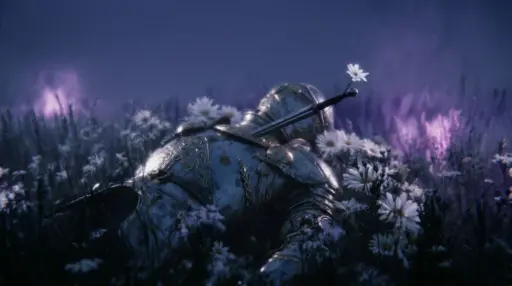 A medieval knight in full armor lying fallen on the ground among white wildflowers, seen from a slightly elevated angle looking down, the armor flat on the earth surrounded by soft blurry white flowers, a sword piercing through the chest plate of the fallen knight, a single small white flower delicately on the tip of the sword blade pointing upward, the entire image wrapped in heavy painterly soft blur — no sharp detail anywhere, edges of the armor dissolving into the surrounding flowers and dark ground, deep blue-purple violet atmospheric tones, heavy organic film grain, the flowers and armor merging into one soft blurry mass of blue-purple and white, no engravings or surface detail visible, somber and still, melancholic final surrender, difuminado dreamlike, 16:9